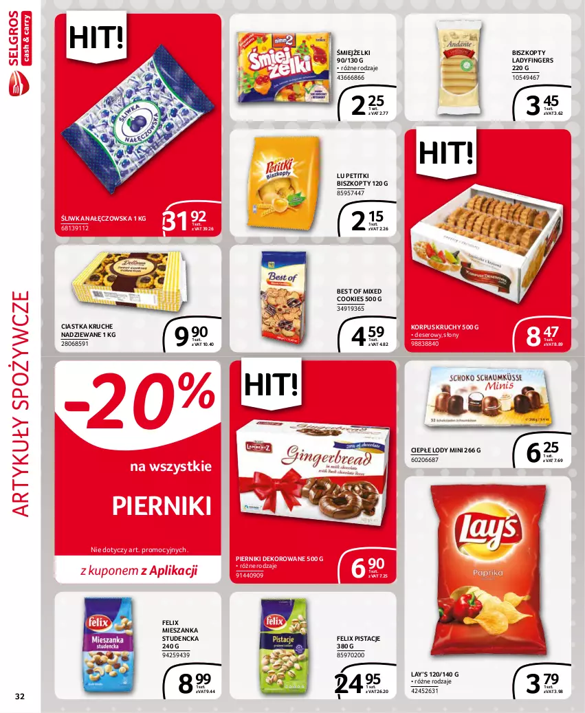 Gazetka promocyjna Selgros - Extra Oferta - ważna 01.11 do 30.11.2021 - strona 32 - produkty: Artykuły spożywcze, Biszkopty, Ciastka, Ciepłe lody, Deser, Felix, Lay’s, Lody, Mieszanka studencka, Piernik, Pistacje, Ser