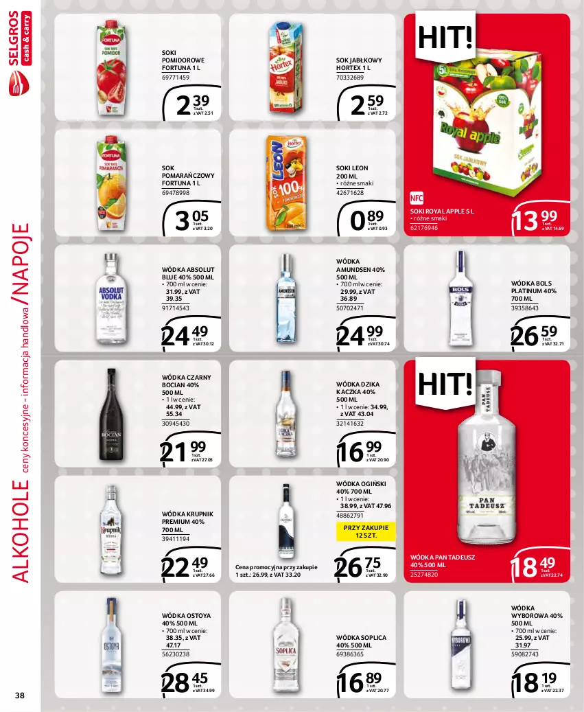 Gazetka promocyjna Selgros - Extra Oferta - ważna 01.11 do 30.11.2021 - strona 38 - produkty: Absolut, Alkohole, Amundsen, Bols, Fortuna, Hortex, Kaczka, Krupnik, Leon, Napoje, Ogiński, Sok, Sok jabłkowy, Sok pomarańczowy, Soplica, Wódka, Wyborowa