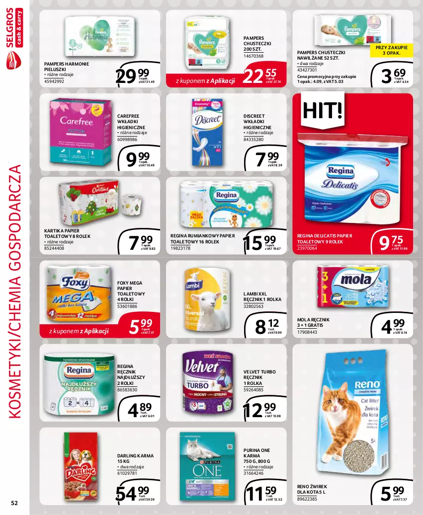 Gazetka promocyjna Selgros - Extra Oferta - ważna 01.11 do 30.11.2021 - strona 52 - produkty: Carefree, Chusteczki, Discreet, Foxy, Gin, Gra, Mola, Pampers, Papier, Papier toaletowy, Pur, Purina, Ręcznik, Rolki, Rum, Velvet, Wkładki