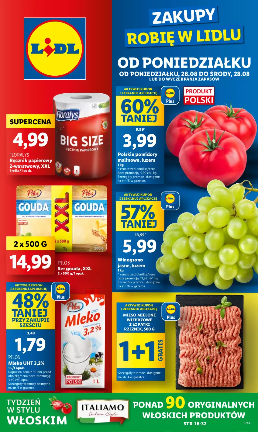 Gazetka promocyjna Lidl - GAZETKA - ważna 26.08 do 28.08.2024 - strona 1 - produkty: Flora, Gin, Gouda, Gra, Mięso, Mięso mielone, Mleko, Papier, Pilos, Pomidory, Ręcznik, Ser, Wino