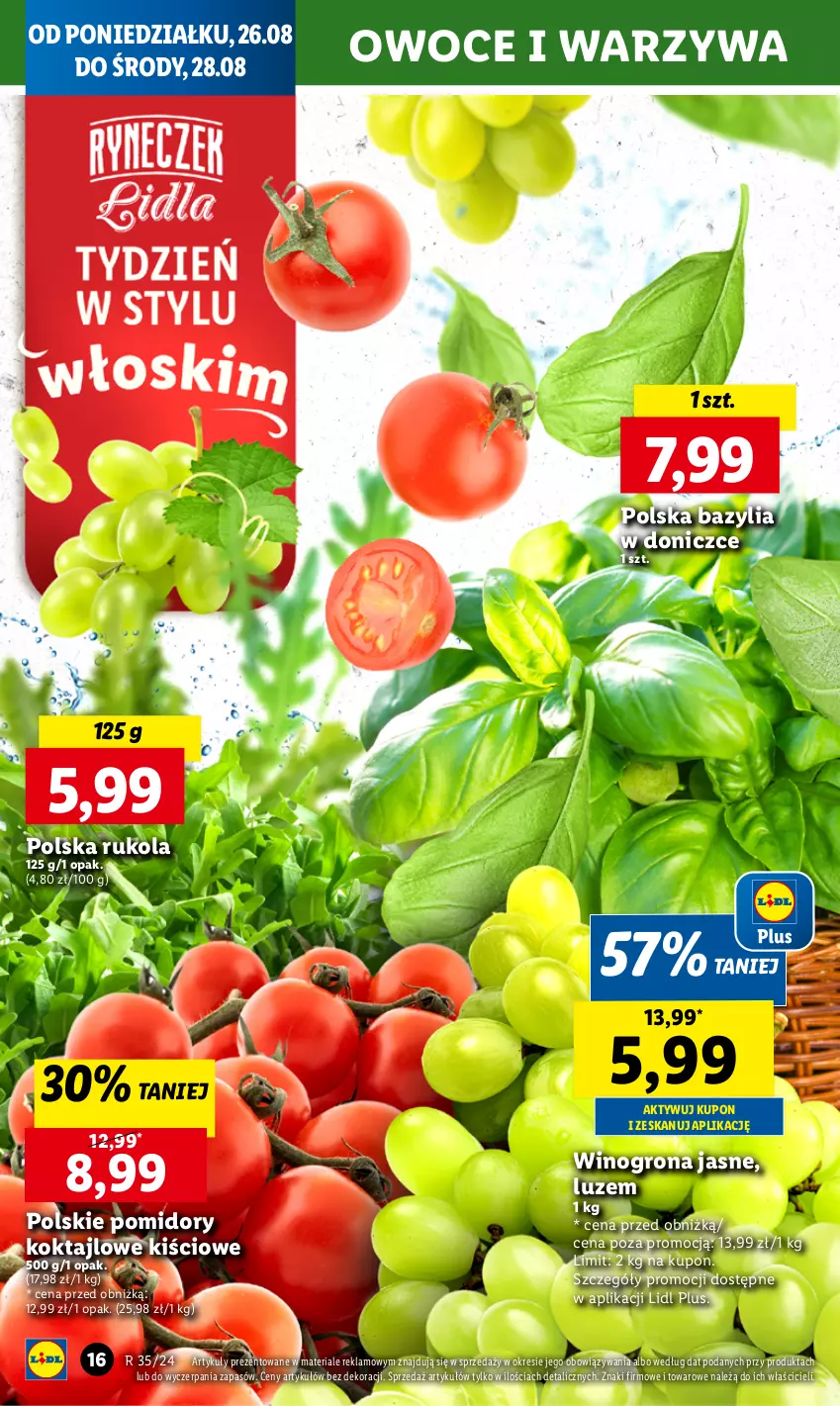 Gazetka promocyjna Lidl - GAZETKA - ważna 26.08 do 28.08.2024 - strona 18 - produkty: Bazyl, Bazylia, Owoce, Pomidory, Rukola, Warzywa, Wino, Winogrona