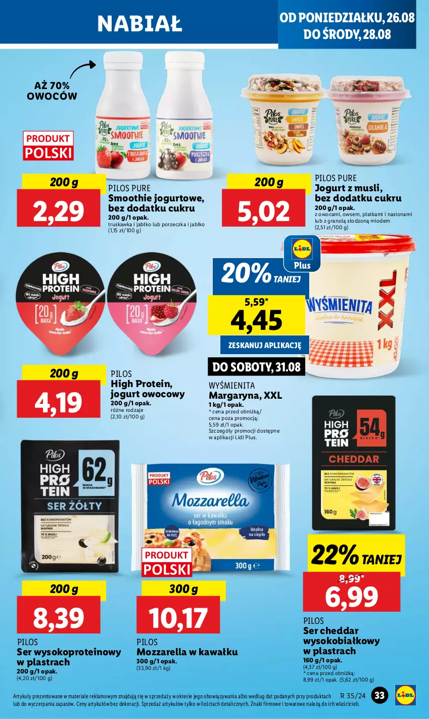 Gazetka promocyjna Lidl - GAZETKA - ważna 26.08 do 28.08.2024 - strona 37 - produkty: Cheddar, Gra, Jogurt, Jogurt owocowy, Kawa, Margaryna, Mozzarella, Mus, Pilos, Por, Pur, Ser, Smoothie, Sok