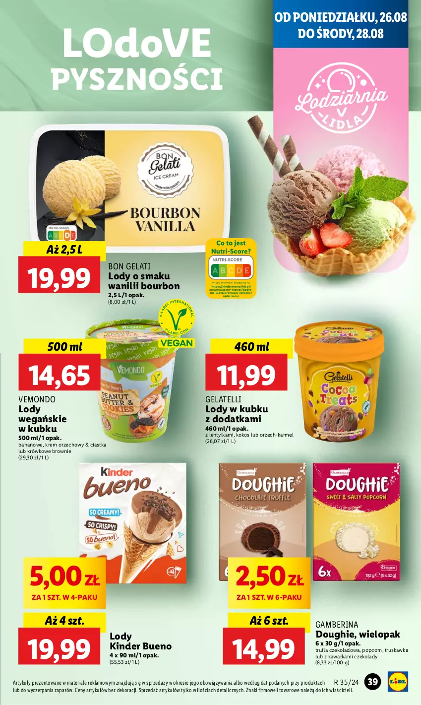 Gazetka promocyjna Lidl - GAZETKA - ważna 26.08 do 28.08.2024 - strona 43 - produkty: Bourbon, Brownie, Ciastka, Dove, Kawa, Kinder, Kinder Bueno, Kokos, Krem orzechowy, Lody, Popcorn