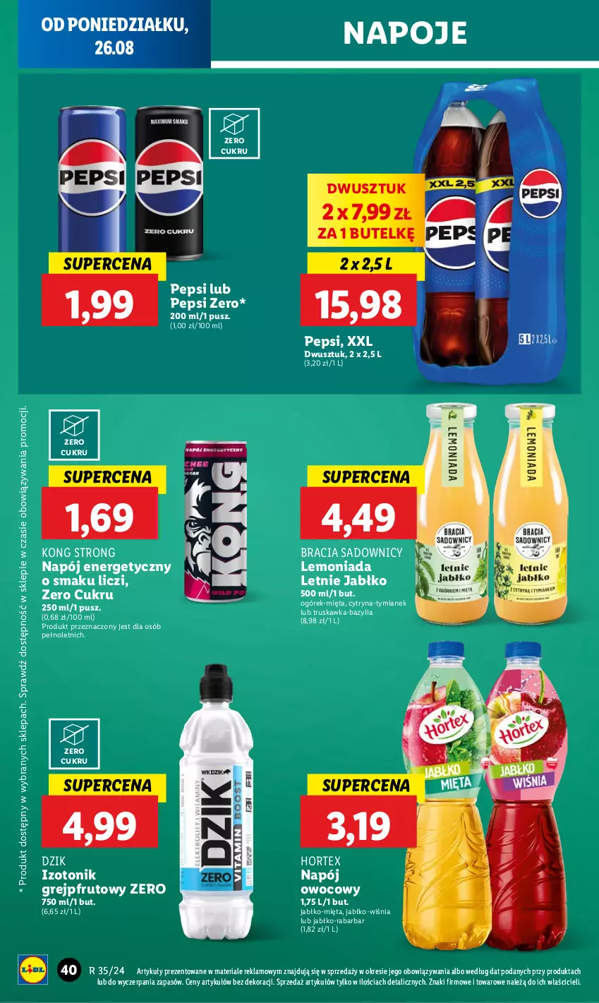 Gazetka promocyjna Lidl - GAZETKA - ważna 26.08 do 28.08.2024 - strona 44 - produkty: Bazyl, Bazylia, Grejpfrut, Hortex, Lemoniada, Liczi, Mięta, Napój, Napój energetyczny, Napoje, Ogórek, Pepsi, Tonik