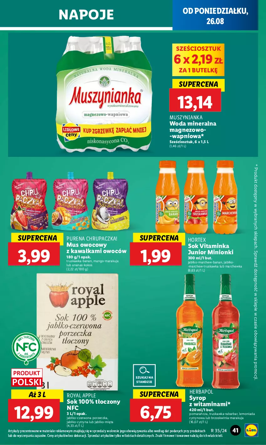 Gazetka promocyjna Lidl - GAZETKA - ważna 26.08 do 28.08.2024 - strona 45 - produkty: Ananas, Herbapol, Hortex, Inka, Kawa, Kokos, Lemoniada, Magnez, Mango, Marchewka, Mięta, Mus, Muszynianka, Napoje, Por, Pur, Sok, Syrop, Woda, Woda mineralna