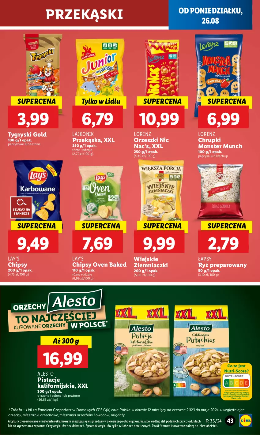 Gazetka promocyjna Lidl - GAZETKA - ważna 26.08 do 28.08.2024 - strona 47 - produkty: Chipsy, Chrupki, Gry, Ketchup, Lajkonik, Lay’s, Lorenz, Migdały, Monster Munch, Orzeszki, Papryka, Pistacje, Ryż, Ser