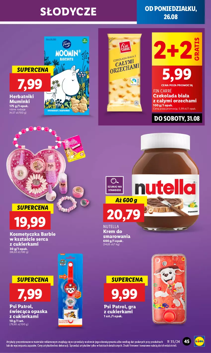 Gazetka promocyjna Lidl - GAZETKA - ważna 26.08 do 28.08.2024 - strona 49 - produkty: Barbie, Cukier, Czekolada, Gra, Herbatniki, Kosmetyczka, Nutella, Opaska, Psi Patrol, Ser