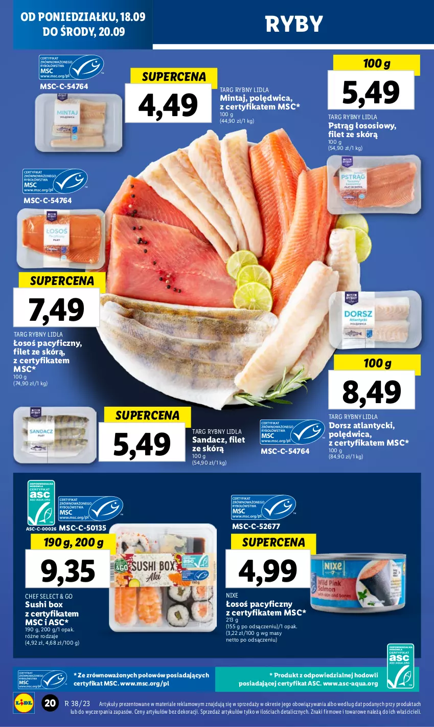 Gazetka promocyjna Lidl - GAZETKA - ważna 18.09 do 20.09.2023 - strona 28 - produkty: Dorsz, Mintaj, Polędwica, Pstrąg, Pstrąg łososiowy, Sandacz, Sos, Sushi