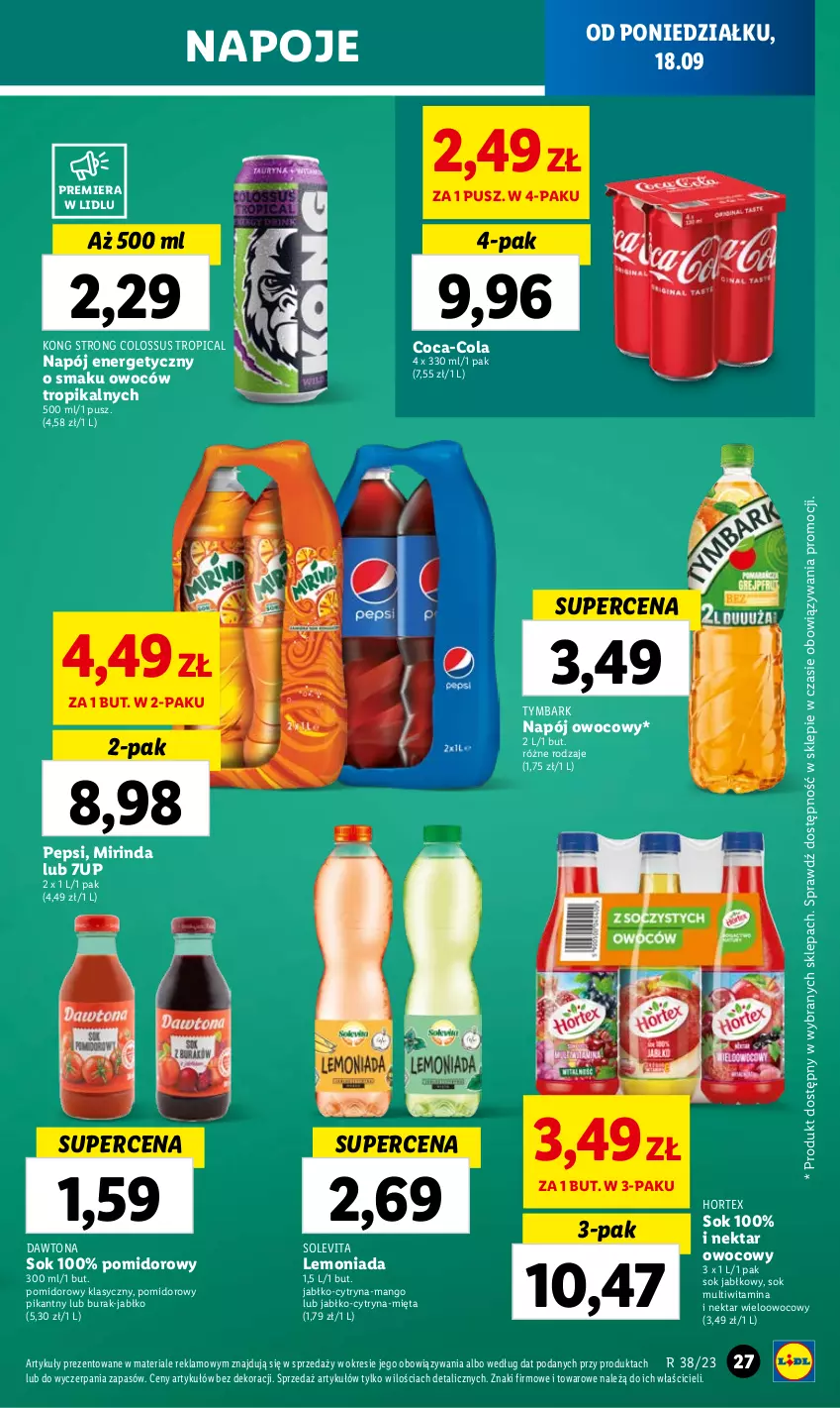 Gazetka promocyjna Lidl - GAZETKA - ważna 18.09 do 20.09.2023 - strona 35 - produkty: 7up, Coca-Cola, Dawtona, Hortex, Lemoniada, Mango, Mięta, Mirinda, Napój, Napój energetyczny, Napoje, Nektar, Pepsi, Sok, Sok jabłkowy, Tropical, Tymbark