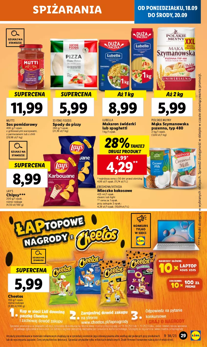 Gazetka promocyjna Lidl - GAZETKA - ważna 18.09 do 20.09.2023 - strona 37 - produkty: Bell, Bella, Cheetos, Chipsy, Grill, Kokos, Lay’s, Lubella, Mąka, Makaron, Mleczko, Parmezan, Polskie Młyny, Sos, Sos pomidorowy, Spaghetti, Warzywa