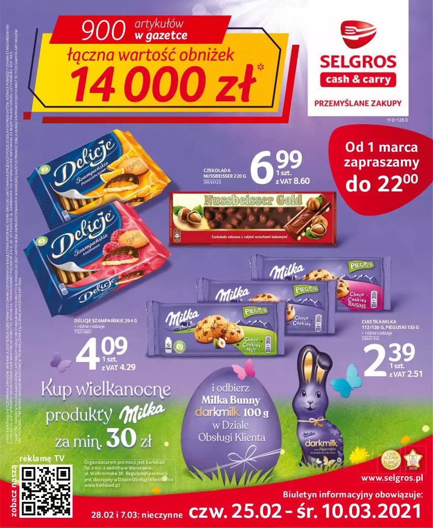 Gazetka promocyjna Selgros - Oferta spożywcza - ważna 25.02 do 10.03.2021 - strona 1 - produkty: Ciastka, Czekolada, Delicje, Fa, LG, Milka, Ser, Tran