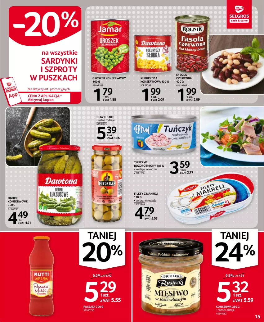 Gazetka promocyjna Selgros - Oferta spożywcza - ważna 25.02 do 10.03.2021 - strona 15 - produkty: Fa, Fasola, Groszek, Kukurydza, Kukurydza konserwowa, Ogórki konserwowe, Olej, Oliwki, Sardynki, Ser, Szprot, Tuńczyk