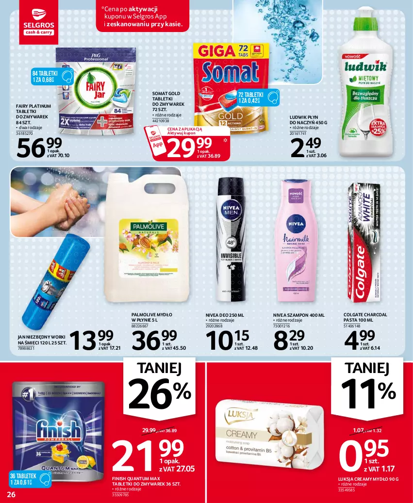 Gazetka promocyjna Selgros - Oferta spożywcza - ważna 25.02 do 10.03.2021 - strona 26 - produkty: Colgate, Fa, Fairy, Finish, Jan Niezbędny, LG, Ludwik, Luksja, Mydło, Mydło w płynie, Nivea, Palmolive, Somat, Somat gold, Szampon, Tablet, Worki na śmiec, Worki na śmieci