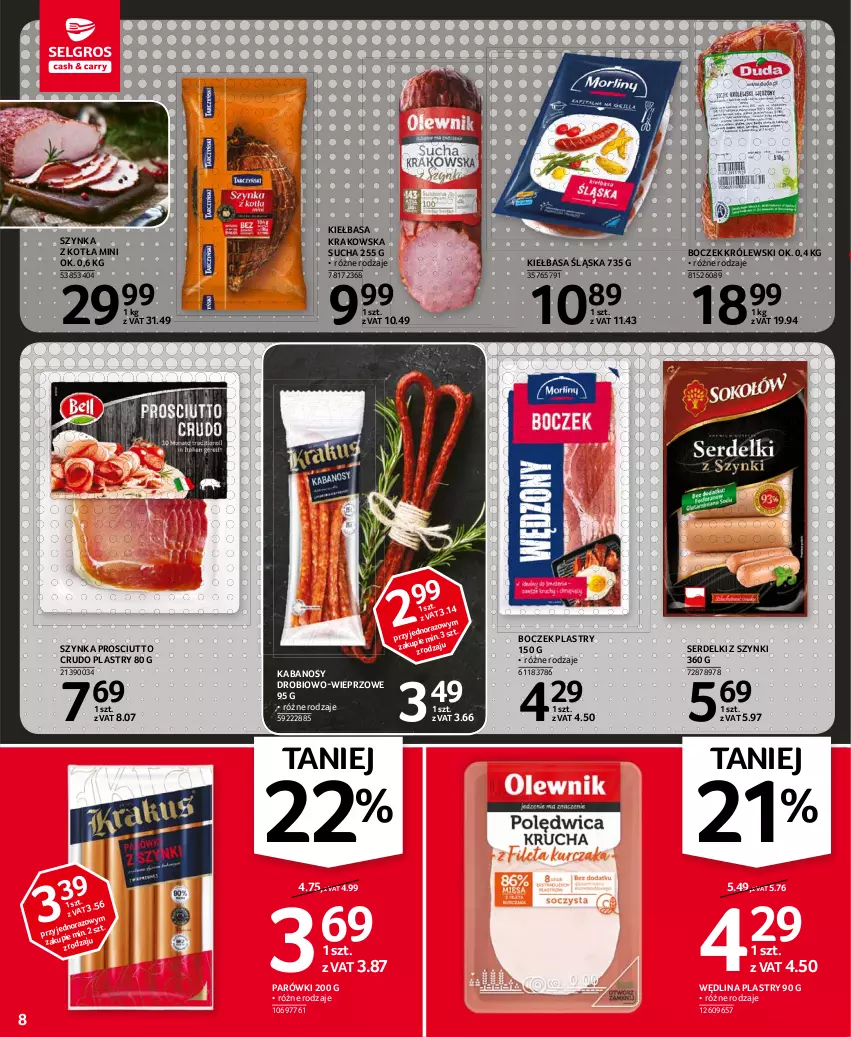 Gazetka promocyjna Selgros - Oferta spożywcza - ważna 25.02 do 10.03.2021 - strona 8 - produkty: Boczek, Kabanos, Kiełbasa, Kiełbasa krakowska, Kiełbasa śląska, Królewski, Parówki, Prosciutto, Ser, Serdelki, Szynka, Wędlina