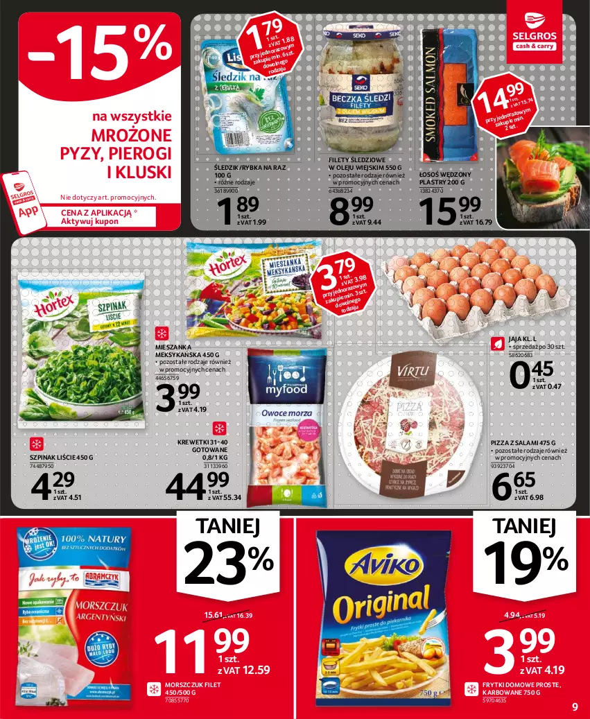 Gazetka promocyjna Selgros - Oferta spożywcza - ważna 25.02 do 10.03.2021 - strona 9 - produkty: Frytki, Jaja, Krewetki, Mieszanka meksykańska, Olej, Pierogi, Pizza, Rybka na raz, Salami, Szpinak