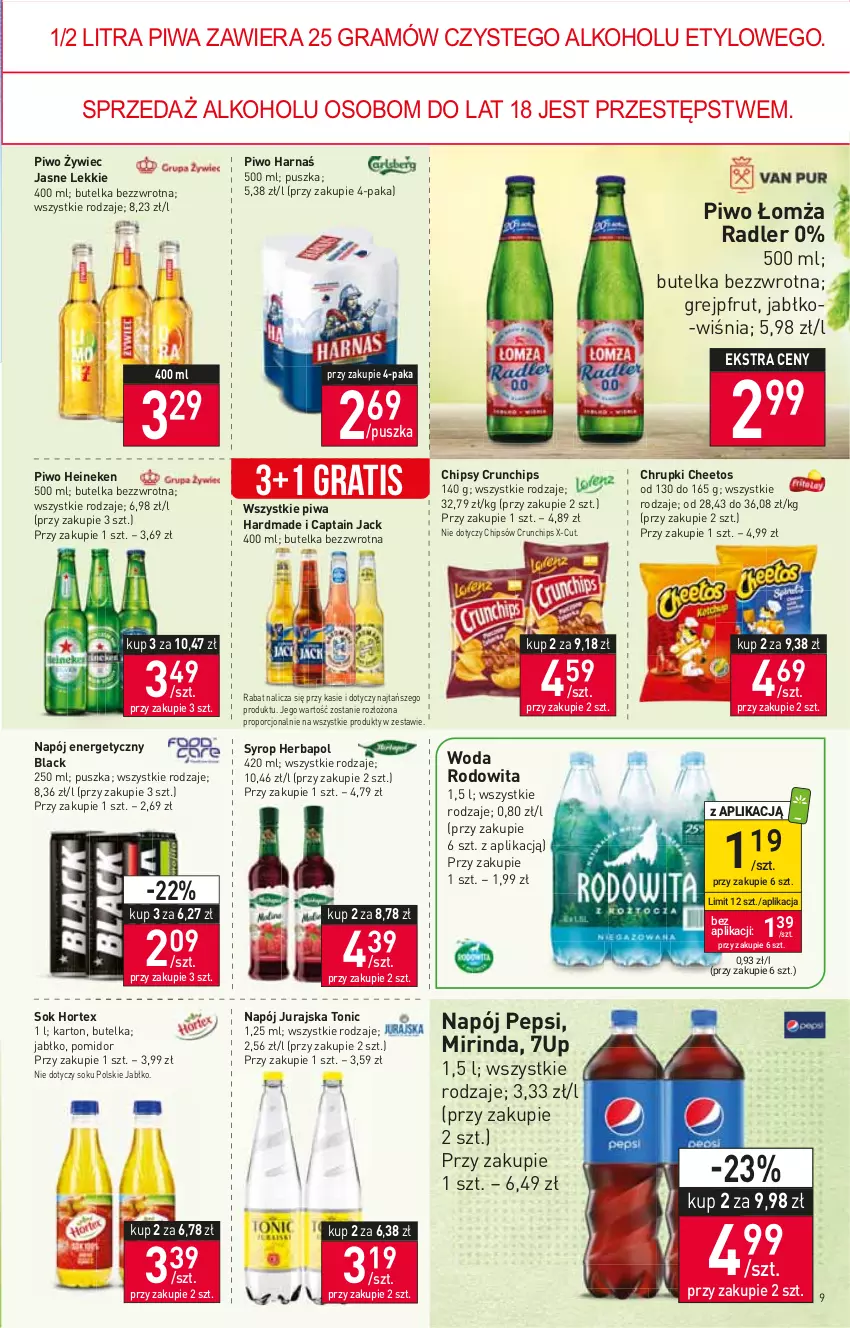 Gazetka promocyjna Stokrotka - Market - ważna 14.07 do 20.07.2022 - strona 9 - produkty: 7up, Captain Jack, Cheetos, Chipsy, Chrupki, Crunchips, Gra, Grejpfrut, Harnaś, Heineken, Herbapol, Hortex, Lack, Mirinda, Napój, Napój energetyczny, Pepsi, Piwa, Piwo, Por, Radler, Sok, Syrop, Woda