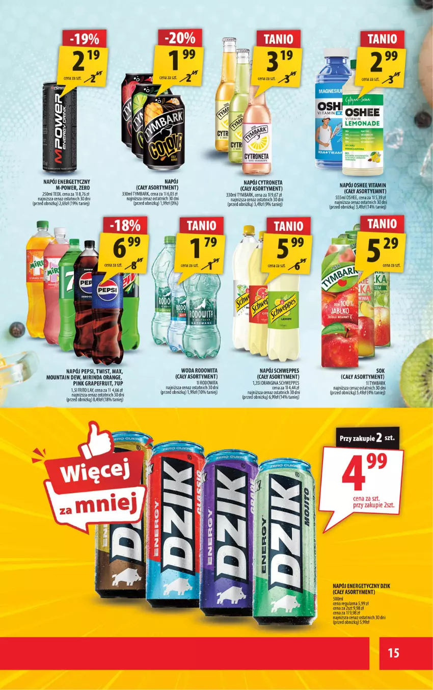Gazetka promocyjna Arhelan - Gazetka - ważna 01.08 do 10.08.2025 - strona 15 - produkty: 7up, Gin, Gra, Mirinda, Napój, Napój energetyczny, Oshee, Pepsi, Schweppes, Sok, Tymbark, Woda