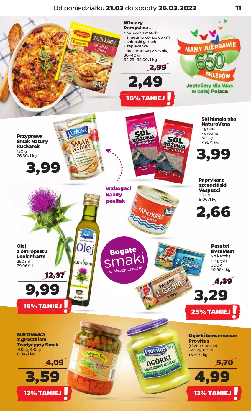 Gazetka promocyjna Netto - Gazetka spożywcza - ważna 21.03 do 26.03.2022 - strona 11 - produkty: Garnek, Kucharek, Kurczak, Makaron, Marchewka, Ogórki konserwowe, Olej, Ostropes, Papryka, Paprykarz, Paprykarz szczeciński, Pasztet, Ser, Sól, Sól himalajska, Sos, Winiary