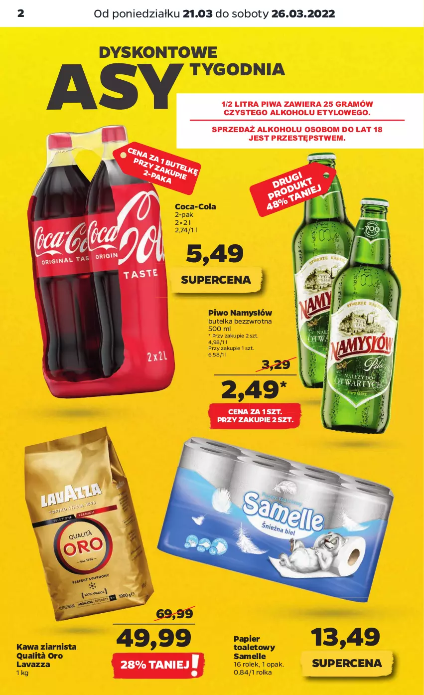 Gazetka promocyjna Netto - Gazetka spożywcza - ważna 21.03 do 26.03.2022 - strona 2 - produkty: Coca-Cola, Gra, Kawa, Kawa ziarnista, Lavazza, Namysłów, Papier, Papier toaletowy, Piwa, Piwo