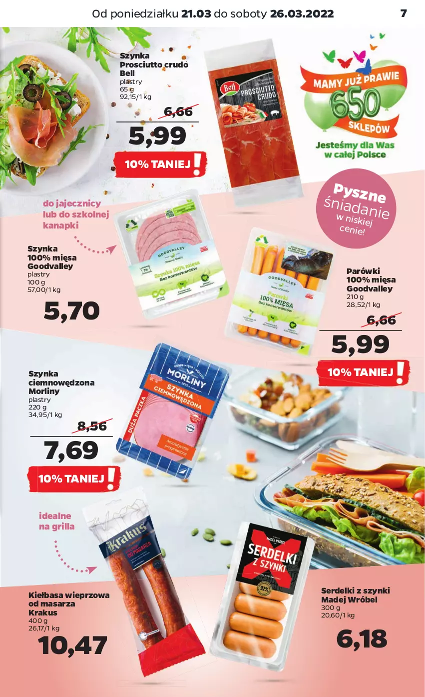 Gazetka promocyjna Netto - Gazetka spożywcza - ważna 21.03 do 26.03.2022 - strona 7 - produkty: Bell, Grill, Kiełbasa, Krakus, Madej Wróbel, Morliny, Parówki, Prosciutto, Ser, Serdelki, Szynka