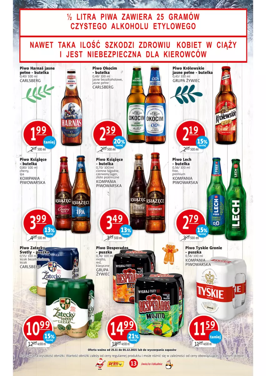 Gazetka promocyjna Prim Market - Gazetka - ważna 25.11 do 01.12.2021 - strona 13 - produkty: Carlsberg, Desperados, Harnaś, Koc, Królewski, Książęce, Okocim, Piwo, Sok, Tyskie