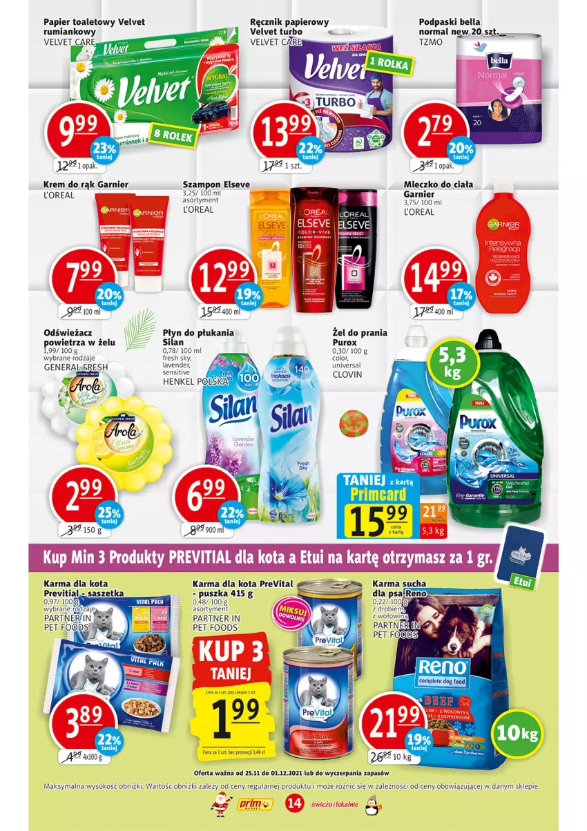 Gazetka promocyjna Prim Market - Gazetka - ważna 25.11 do 01.12.2021 - strona 14 - produkty: Bell, Bella, Elseve, Fa, Garnier, Krem do rąk, Lovi, Mleczko, Mleczko do ciała, Papier, Papier toaletowy, Płyn do płukania, Podpaski, Pur, Ręcznik, Rum, Silan, Sok, Szampon, Velvet