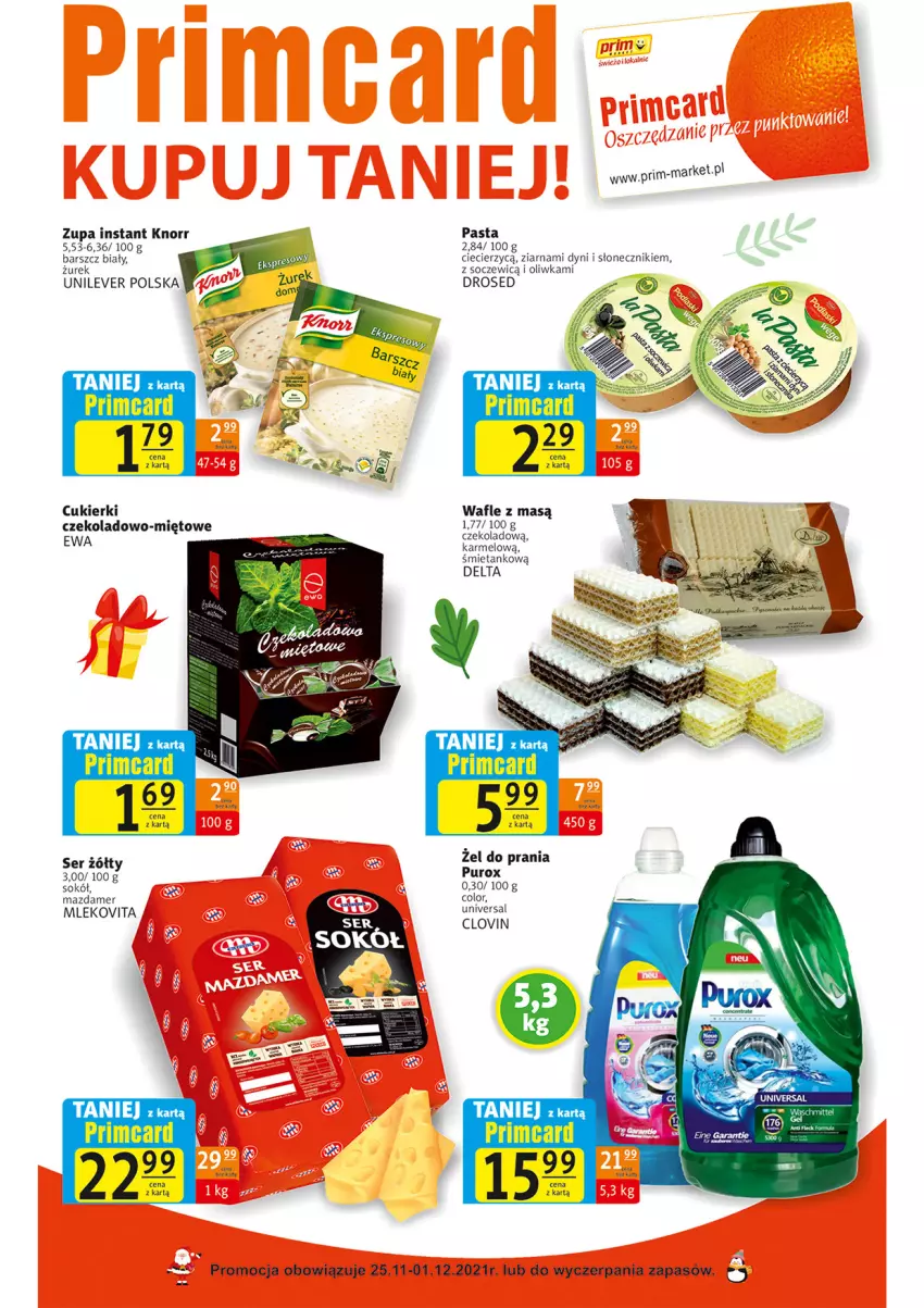 Gazetka promocyjna Prim Market - Gazetka - ważna 25.11 do 01.12.2021 - strona 6 - produkty: Cukier, Cukierki, Knorr, Lovi, Mazdamer, Mleko, Mlekovita, Pur, Ser, Sok, Sokół, Wafle, Zupa