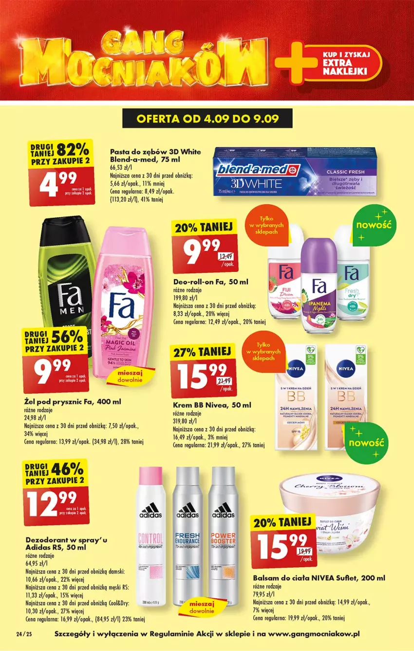 Gazetka promocyjna Biedronka - Od poniedzialku - ważna 04.09 do 09.09.2023 - strona 24 - produkty: Adidas, Balsam do ciała, Blend-a-Med, Booster, Dezodorant, Fa, Krem bb, Nivea, Pasta do zębów