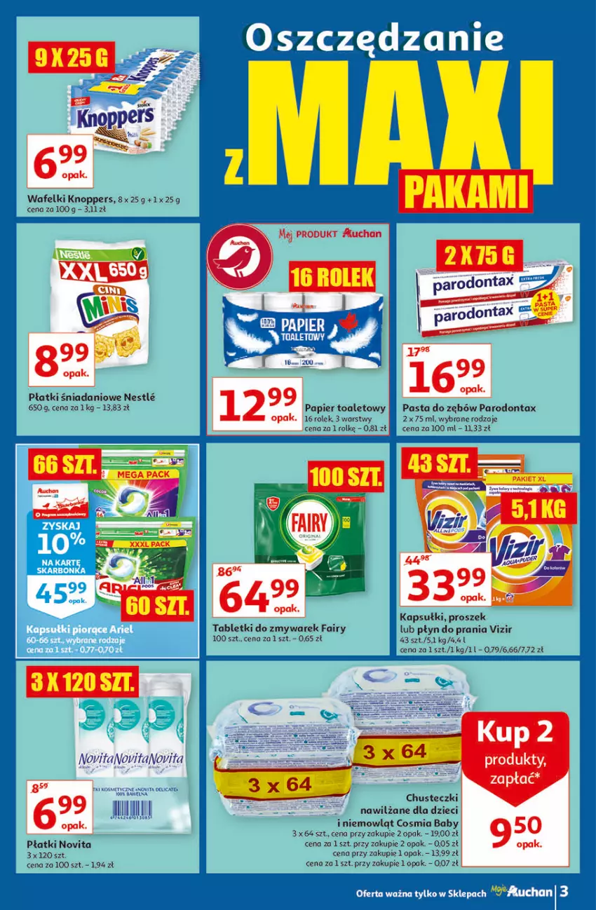 Gazetka promocyjna Auchan - Oszczędzanie w wersji Maxi Paki Moje Auchan - ważna 16.09 do 22.09.2021 - strona 3 - produkty: Chusteczki, Chusteczki nawilzane, Danio, Dzieci, Fa, Fairy, Knoppers, Papier, Papier toaletowy, Parodontax, Pasta do zębów, Płyn do prania, Tablet, Vizir