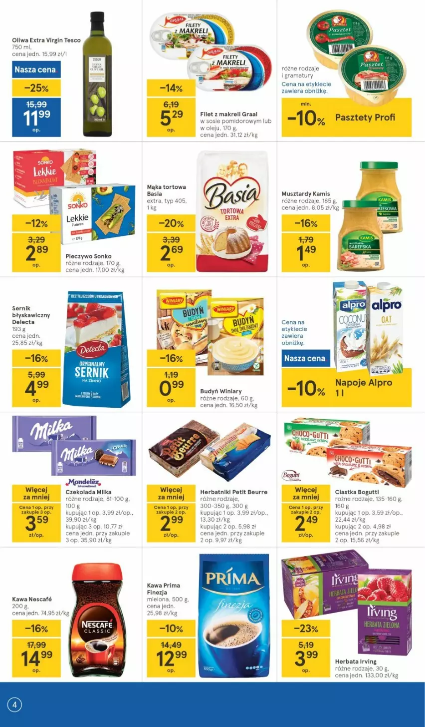 Gazetka promocyjna Tesco - Tesco gazetka - przyszły tydzień - ważna 01.07 do 07.07.2021 - strona 4 - produkty: Alpro, Basia, Budyń, Ciastka, Czekolada, Delecta, Gin, Gra, Kamis, Kawa, Mąka, Milka, Mus, Napoje, Olej, Pasztet, Piec, Pieczywo, Prima, Rama, Sonko, Sos, Winiary