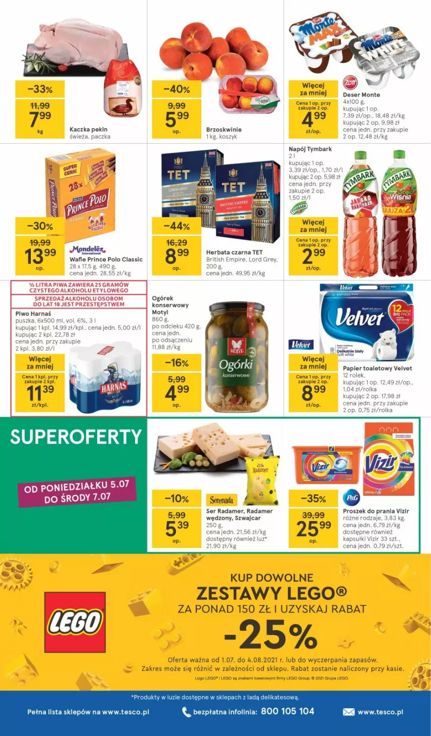 Gazetka promocyjna Tesco - Tesco gazetka - przyszły tydzień - ważna 01.07 do 07.07.2021 - strona 8 - produkty: Brzoskwinie, Herbata, Kaczka, Kosz, LEGO, Monte, Napój, Ogórek, Prince Polo, Proszek do prania, Radamer, Ser, Tymbark, Vizir, Wafle