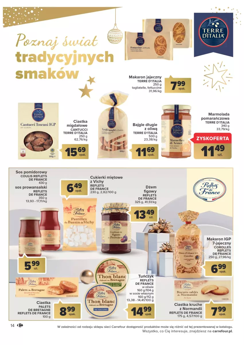 Gazetka promocyjna Carrefour - Gazetka Światowe smaki na talerzu - ważna 06.12 do 24.12.2022 - strona 14 - produkty: Bajgle, Ciastka, Cukier, Cukierki, Dżem, Makaron, Marmolada, Mola, Sos, Sos pomidorowy, Tagliatelle, Tuńczyk, Vichy