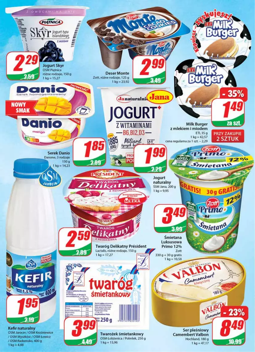 Gazetka promocyjna Dino - Gazetka - ważna 09.11 do 15.11.2022 - strona 14 - produkty: Burger, Camembert, Danio, Danone, Deser, Gra, Hochland, Jogurt, Kefir, Kefir naturalny, Monte, Mysz, Piątnica, POLMLEK, Ser, Ser pleśniowy, Serek, Twaróg, Twaróg delikatny, Zott