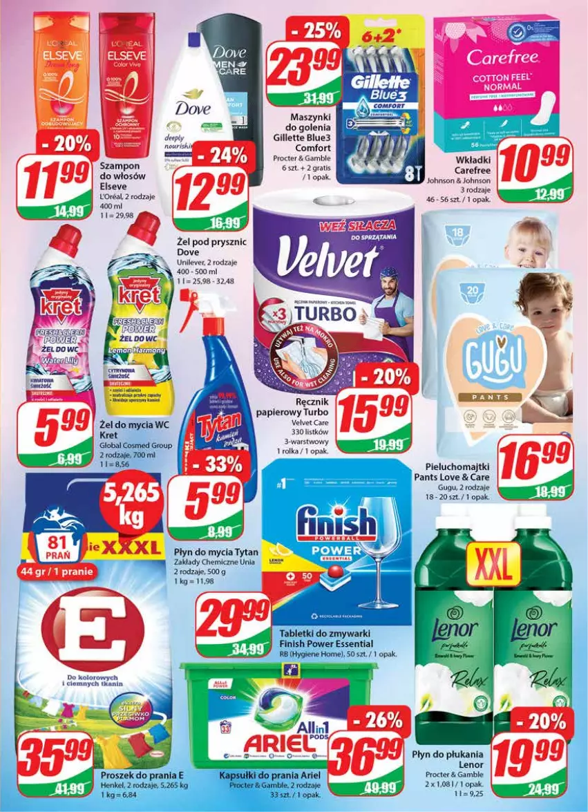 Gazetka promocyjna Dino - Gazetka - ważna 09.11 do 15.11.2022 - strona 23 - produkty: Carefree, Dove, Elseve, Gillette, Gra, Lenor, Majtki, Papier, Pieluchomajtki, Płyn do mycia, Płyn do płukania, Szampon, Tytan, Velvet, Wkładki