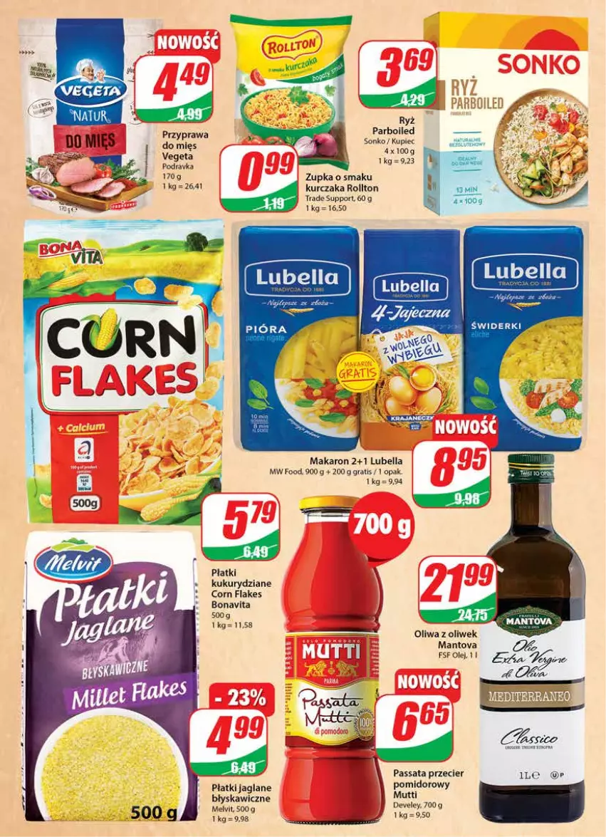 Gazetka promocyjna Dino - Gazetka - ważna 09.11 do 15.11.2022 - strona 8 - produkty: Bell, Bella, Corn flakes, Gra, Kupiec, Kurczak, Lubella, Makaron, Melvit, Olej, Oliwa z oliwek, Piec, Podravka, Por, Ryż, Ryż parboiled, Sonko, Vegeta