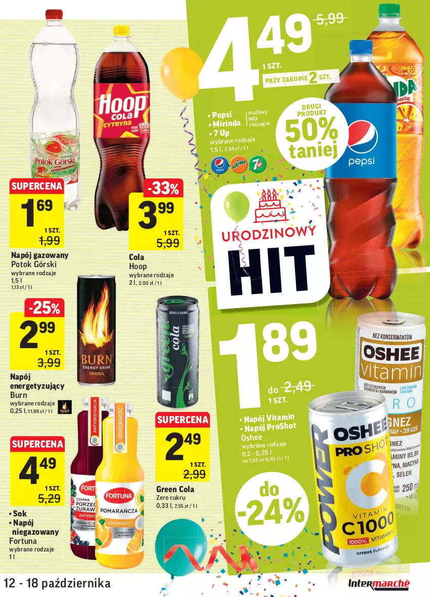 Gazetka promocyjna Intermarche - Gazetka promocyjna - ważna 12.10 do 18.10.2021 - strona 37 - produkty: Fortuna, Hoop, Mirinda, Napój, Napój gazowany, Napój niegazowany, Oshee, Pepsi, Sok