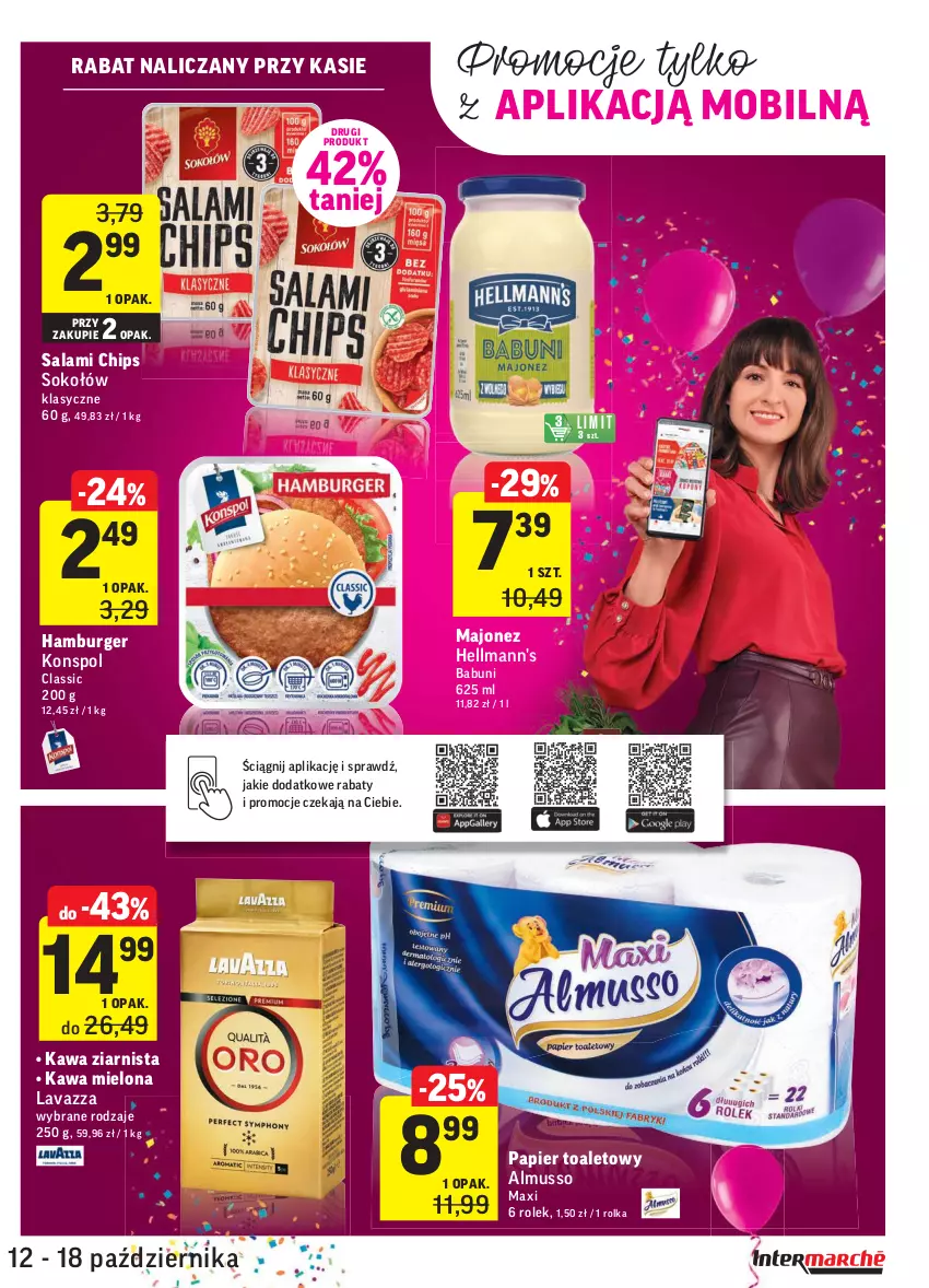 Gazetka promocyjna Intermarche - Gazetka promocyjna - ważna 12.10 do 18.10.2021 - strona 39 - produkty: Babuni, Burger, Hamburger, Kawa, Kawa mielona, Kawa ziarnista, Lavazza, Majonez, Mobil, Mus, Papier, Papier toaletowy, Salami, Sok, Sokołów