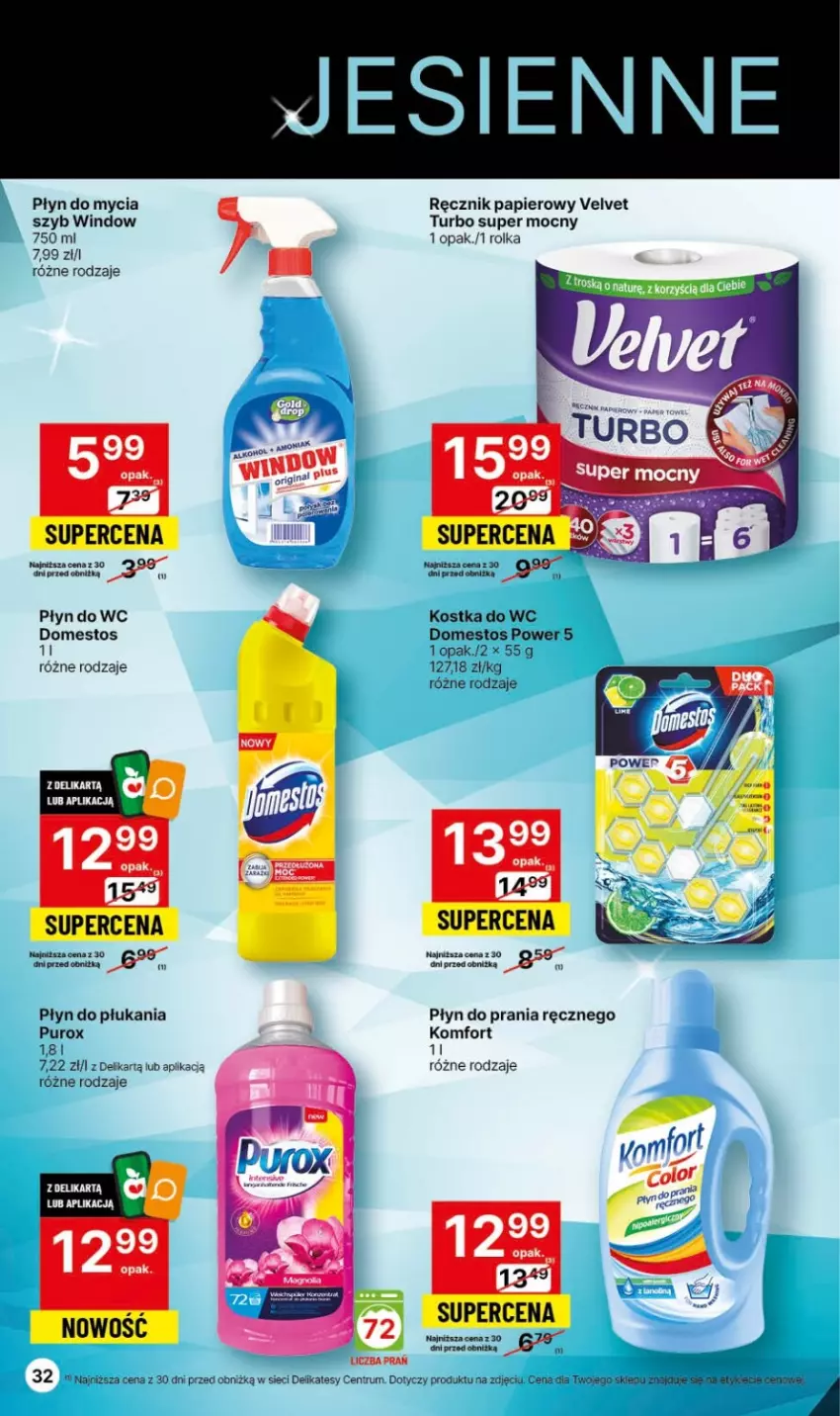 Gazetka promocyjna Delikatesy Centrum - Gazetka DC45 czw-sr - ważna 16.11 do 22.11.2023 - strona 32 - produkty: Domestos, Kostka do wc, Papier, Płyn do mycia, Płyn do płukania, Płyn do prania, Płyn do wc, Pur, Ręcznik, Rum, Velvet