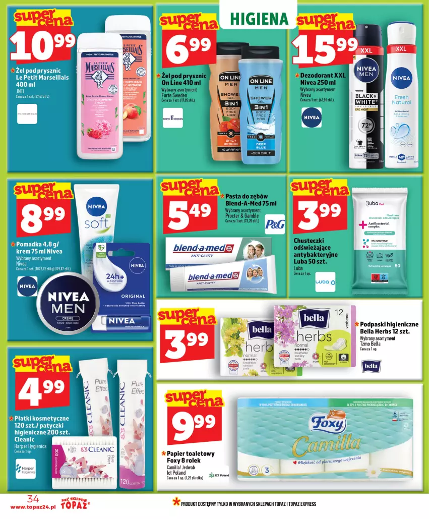 Gazetka promocyjna Topaz - Gazetka - ważna 16.07 do 22.07.2026 - strona 34 - produkty: Bell, Bella, Blend-a-Med, Chusteczki, Cleanic, Dezodorant, Foxy, Nivea, Papier, Papier toaletowy, Pasta do zębów, Podpaski, Top
