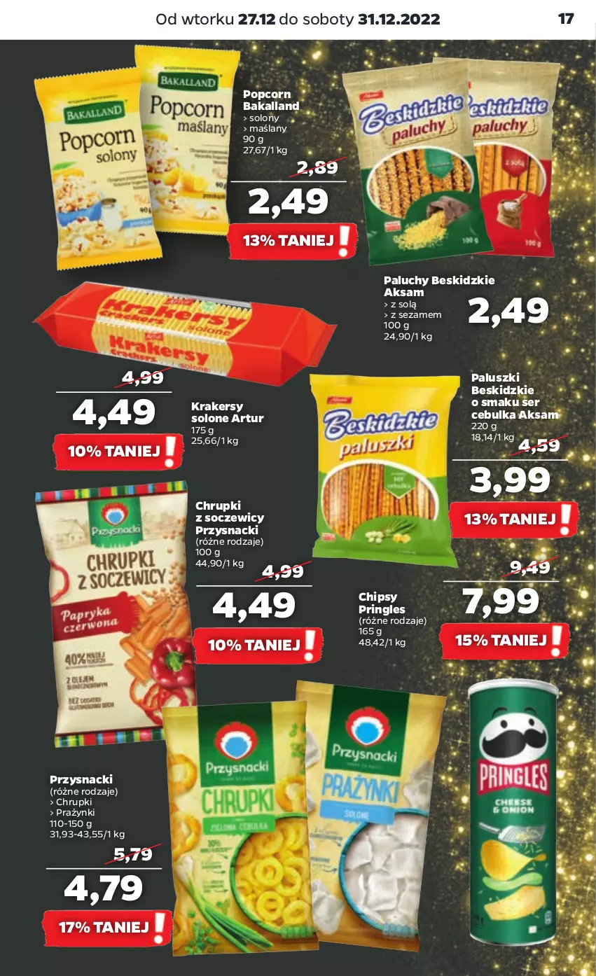 Gazetka promocyjna Netto - Artykuły spożywcze - ważna 27.12 do 31.12.2022 - strona 17 - produkty: Aksam, Artur, Bakalland, Beskidzki, Chipsy, Chrupki, Krakersy, Popcorn, Pringles, Przysnacki, Ser, Sezam