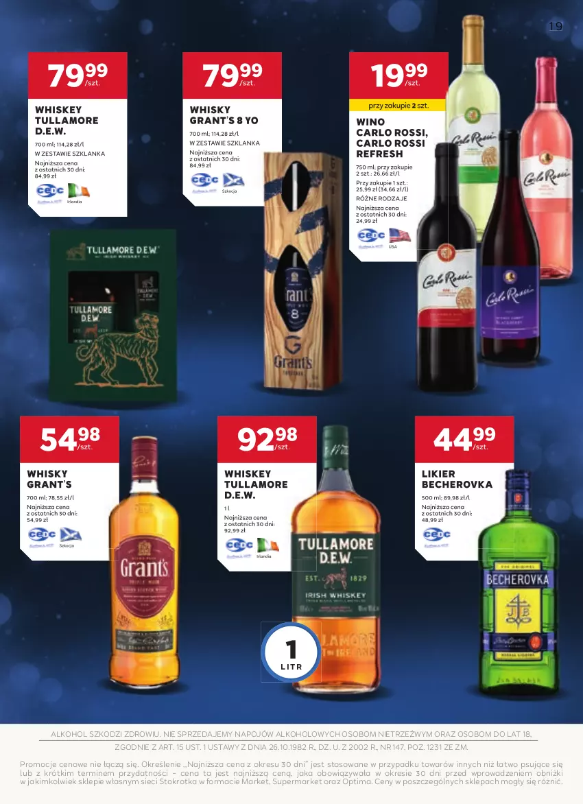 Gazetka promocyjna Stokrotka - W dobrym smaku! - ważna 04.12.2025 do 07.01.2026 - strona 19 - produkty: Carlo Rossi, Gra, Koc, Likier, Optima, Szklanka, Whiskey, Whisky, Wino