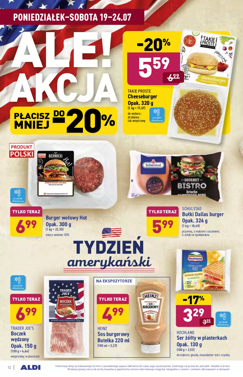 Gazetka promocyjna Aldi - ważna 19.07 do 24.07.2021 - strona 12 - produkty: Boczek, Burger, Gouda, Heinz, Hochland, Maasdam, Mięso, Mięso wołowe, Ser, Sezam, Sos, Tera