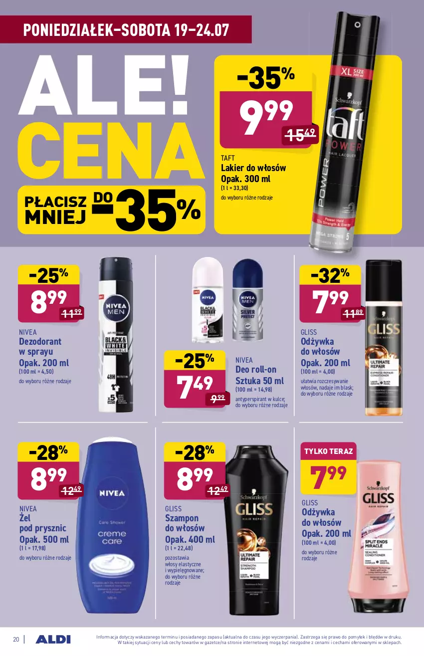 Gazetka promocyjna Aldi - ważna 19.07 do 24.07.2021 - strona 20 - produkty: Antyperspirant, Dezodorant, Lakier, Lakier do włosów, Nivea, Odżywka, Szampon, Taft, Tera