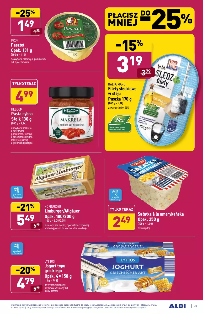 Gazetka promocyjna Aldi - ważna 19.07 do 24.07.2021 - strona 23 - produkty: Balta Mare, Burger, Grill, HELCOM, Hofburger, Jogurt, LG, Limburger, Olej, Pasztet, Piec, Pieczarka, Por, Pstrąg, Sałat, Sałatka, Ser, Tera, Tuńczyk