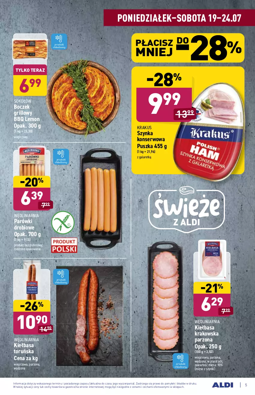 Gazetka promocyjna Aldi - ważna 19.07 do 24.07.2021 - strona 5 - produkty: Boczek, Gala, Grill, Kiełbasa, Kiełbasa krakowska, Krakus, Mięso, Parówki, Ser, Sok, Sokołów, Szynka, Szynka konserwowa, Tera