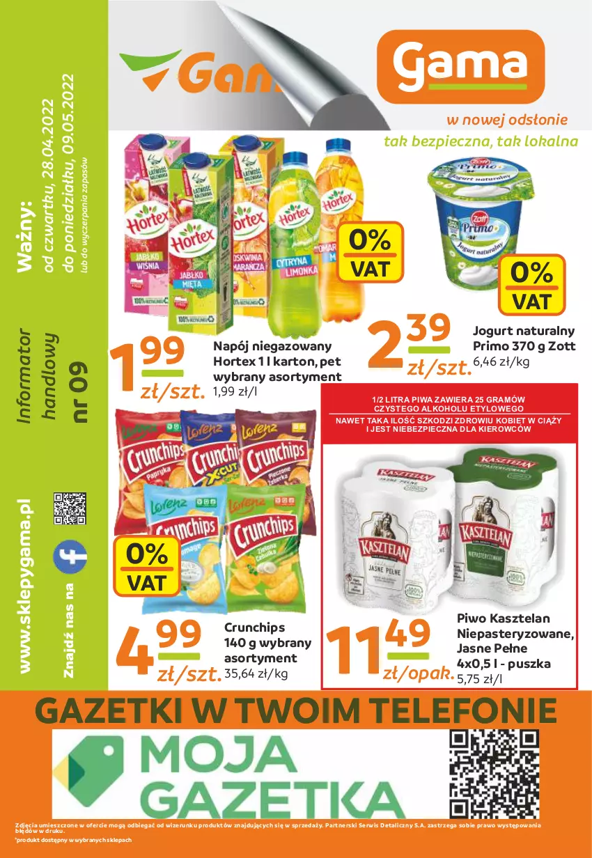 Gazetka promocyjna Gama - Gazetka Gama - ważna 09.05.2022 do 28.04.2023 - strona 12 - produkty: Crunchips, Gra, Hortex, Jogurt, Jogurt naturalny, Kasztelan, Napój, Napój niegazowany, Piec, Piwa, Piwo, Ser, Telefon, Zott