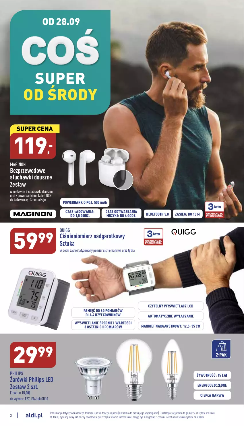 Gazetka promocyjna Aldi - Zaplanuj zakupy wcześniej - ważna 28.09 do 01.10.2022 - strona 2 - produkty: Ciśnieniomierz, Gin, Kabel USB, Philips, Powerbank, Słuchawki