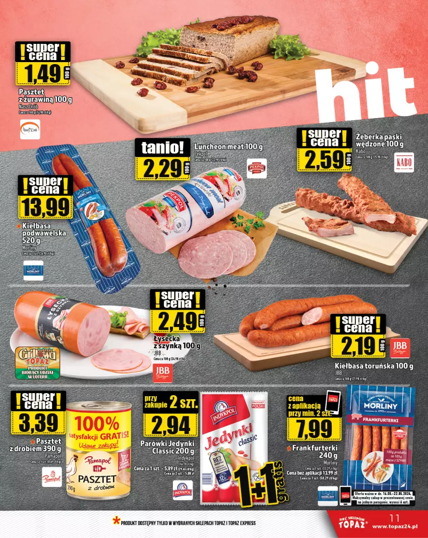 Gazetka promocyjna Topaz - Gazetka - ważna 16.05 do 22.05.2024 - strona 11 - produkty: Frankfurterki, Gala, Kiełbasa, LANA, LG, Morliny, Parówki, Pasztet, Saga, Top