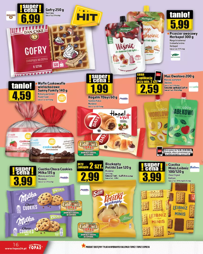 Gazetka promocyjna Topaz - Gazetka - ważna 16.05 do 22.05.2024 - strona 16 - produkty: Biszkopty, Ciastka, Fa, Gin, Herbapol, Kakao, Mango, Milka, Mus, Rogal, Ser, Top, Wafle