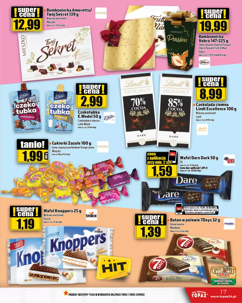 Gazetka promocyjna Topaz - Gazetka - ważna 16.05 do 22.05.2024 - strona 17 - produkty: Baton, Cukier, Cukierki, Czekolada, Kakao, Knoppers, Kret, Lindt, Top